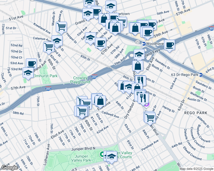 map of restaurants, bars, coffee shops, grocery stores, and more near 83-36 60th Avenue in Queens