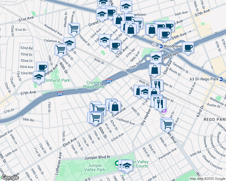 map of restaurants, bars, coffee shops, grocery stores, and more near 83-36 60th Avenue in Queens