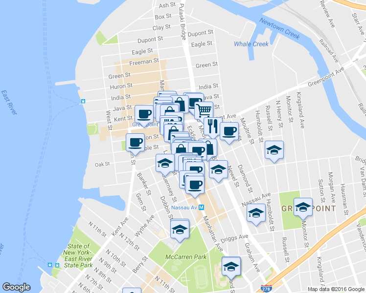 map of restaurants, bars, coffee shops, grocery stores, and more near 802 Manhattan Avenue in Brooklyn