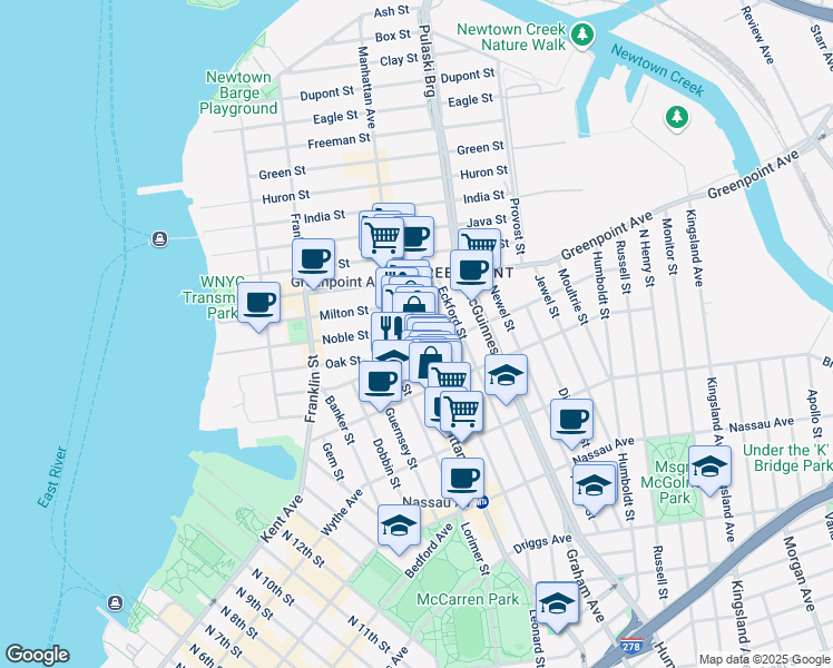 map of restaurants, bars, coffee shops, grocery stores, and more near 802 Manhattan Avenue in Brooklyn