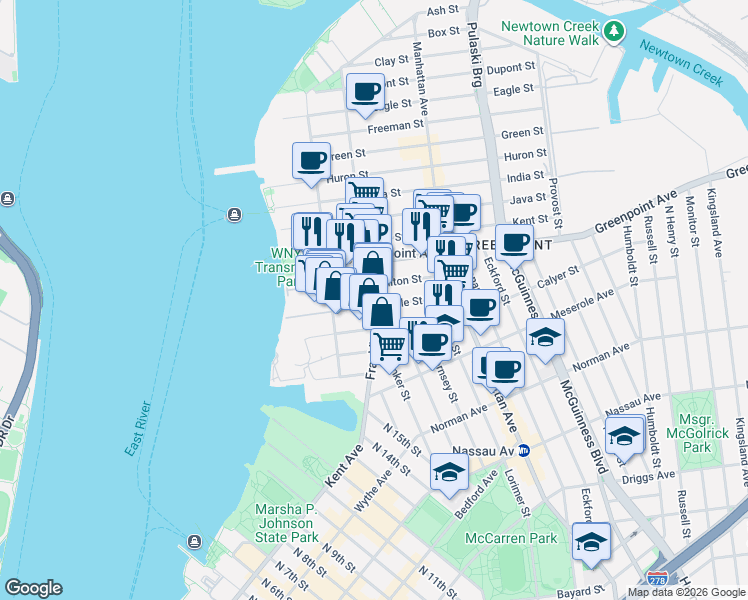 map of restaurants, bars, coffee shops, grocery stores, and more near 85 Oak Street in Brooklyn