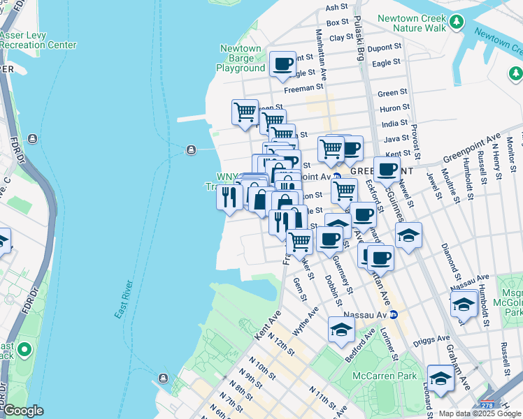 map of restaurants, bars, coffee shops, grocery stores, and more near 42 West Street in Brooklyn