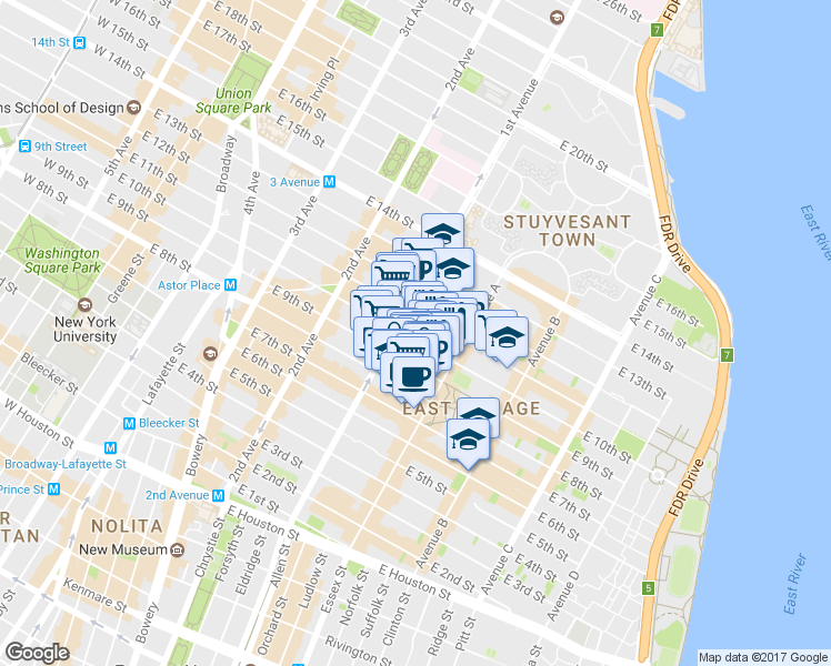 map of restaurants, bars, coffee shops, grocery stores, and more near 280 East 10th Street in New York