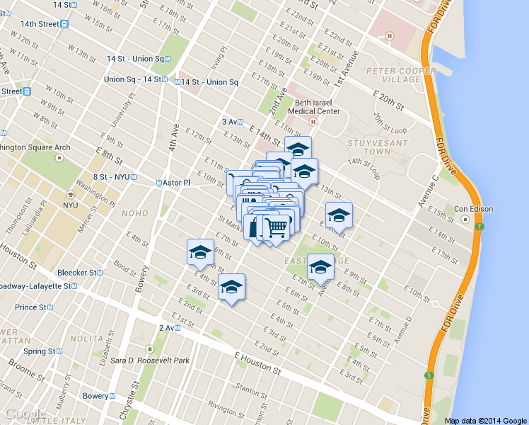 map of restaurants, bars, coffee shops, grocery stores, and more near 246 East 10th Street in New York