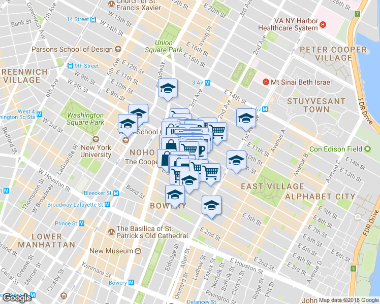 map of restaurants, bars, coffee shops, grocery stores, and more near in New York