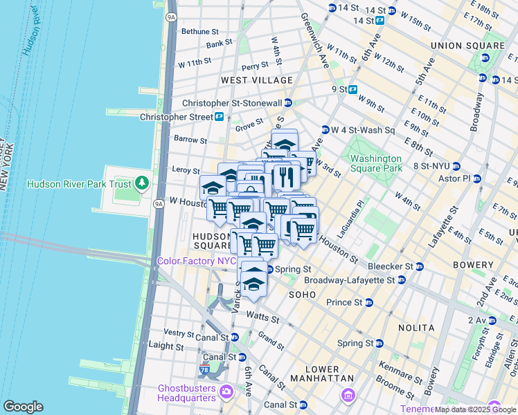 map of restaurants, bars, coffee shops, grocery stores, and more near 29 King Street in New York