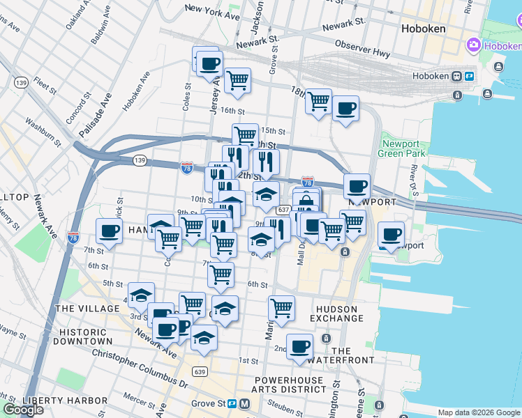 map of restaurants, bars, coffee shops, grocery stores, and more near 514 Manila Avenue in Jersey City