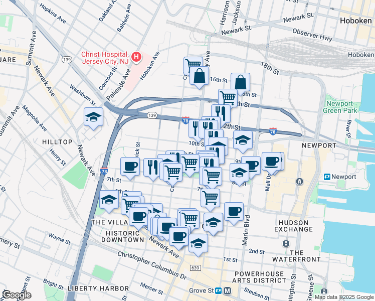 map of restaurants, bars, coffee shops, grocery stores, and more near 30 County Road 729 in Jersey City