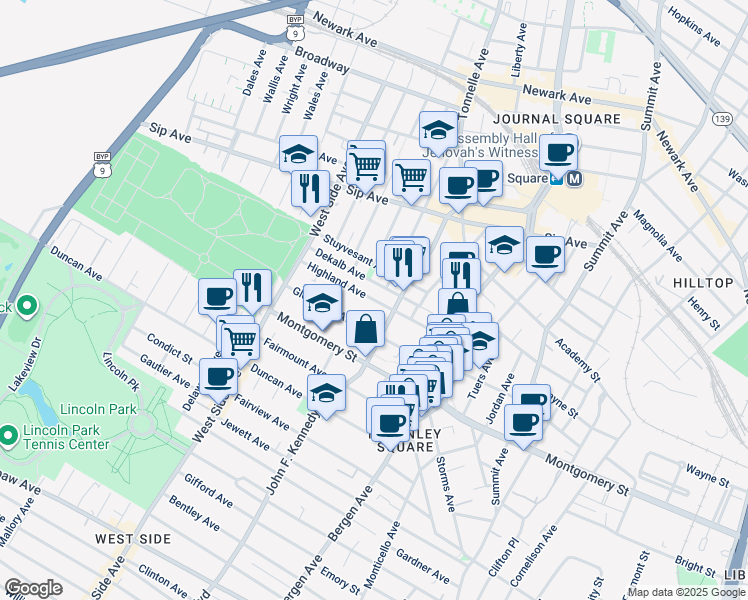 map of restaurants, bars, coffee shops, grocery stores, and more near 98 Glenwood Avenue in Jersey City