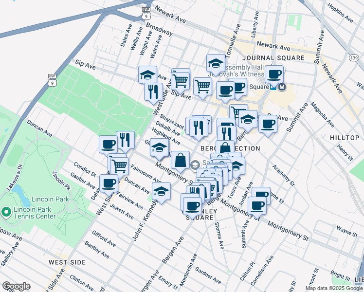 map of restaurants, bars, coffee shops, grocery stores, and more near 98 Glenwood Avenue in Jersey City