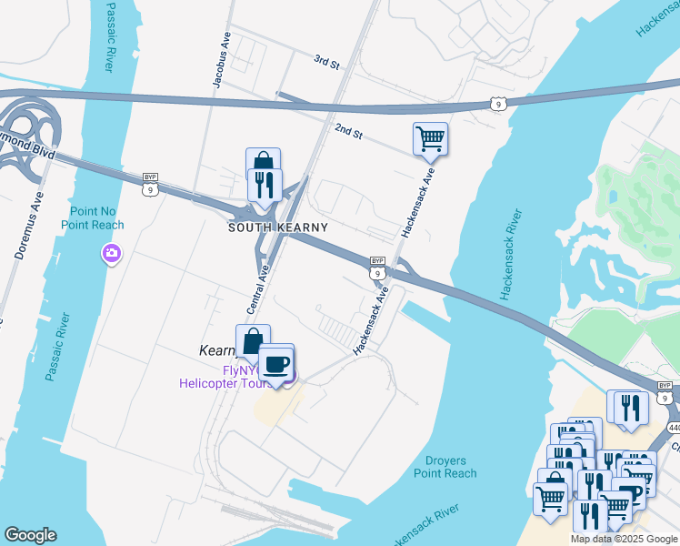 map of restaurants, bars, coffee shops, grocery stores, and more near John F Cali Way in Kearny