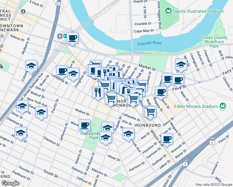 map of restaurants, bars, coffee shops, grocery stores, and more near in Newark