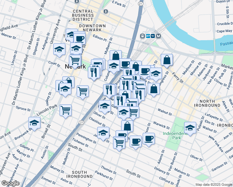map of restaurants, bars, coffee shops, grocery stores, and more near 23 New York Avenue in Newark