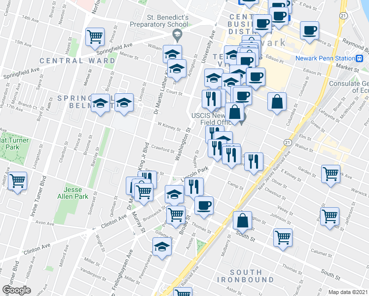 map of restaurants, bars, coffee shops, grocery stores, and more near 490 Washington Street in Newark