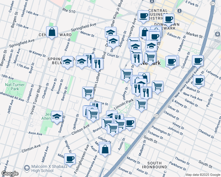 map of restaurants, bars, coffee shops, grocery stores, and more near 22 Longworth Street in Newark