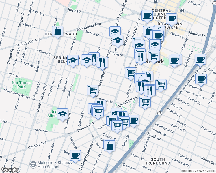 map of restaurants, bars, coffee shops, grocery stores, and more near 22 Longworth Street in Newark