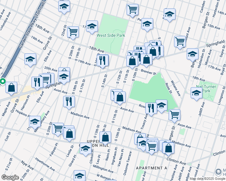 map of restaurants, bars, coffee shops, grocery stores, and more near 739 South 12th Street in Newark