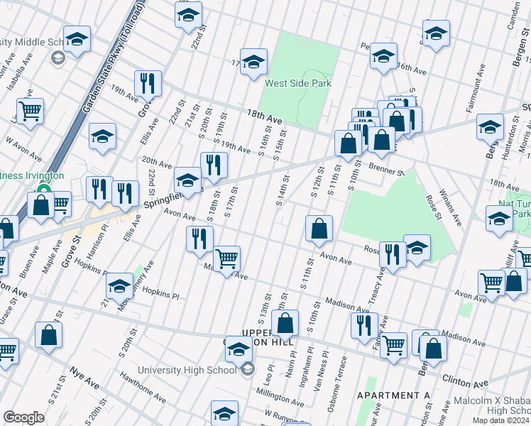map of restaurants, bars, coffee shops, grocery stores, and more near 765 South 14th Street in Newark