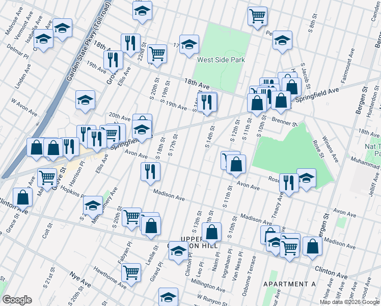 map of restaurants, bars, coffee shops, grocery stores, and more near 439 Avon Avenue in Newark