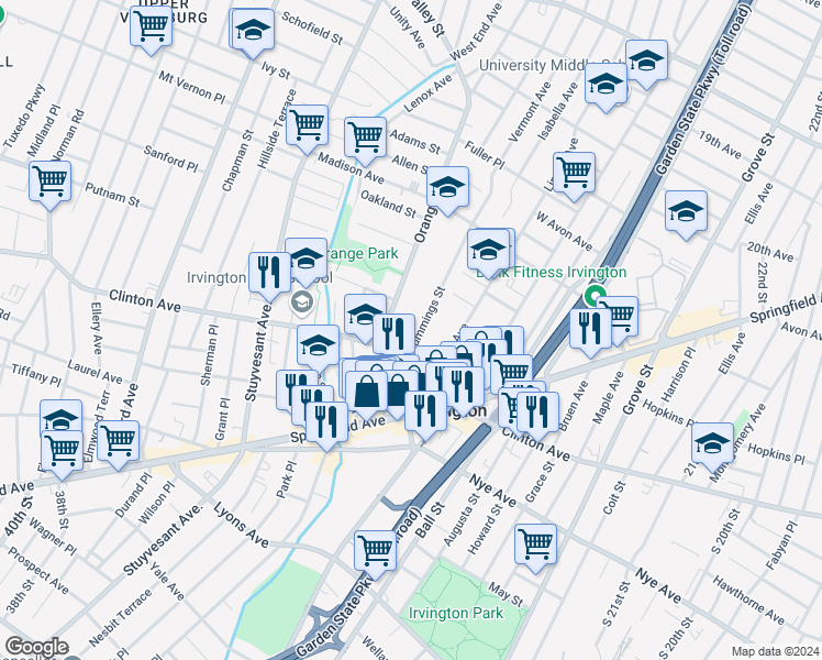 map of restaurants, bars, coffee shops, grocery stores, and more near 1171 Clinton Avenue in Irvington