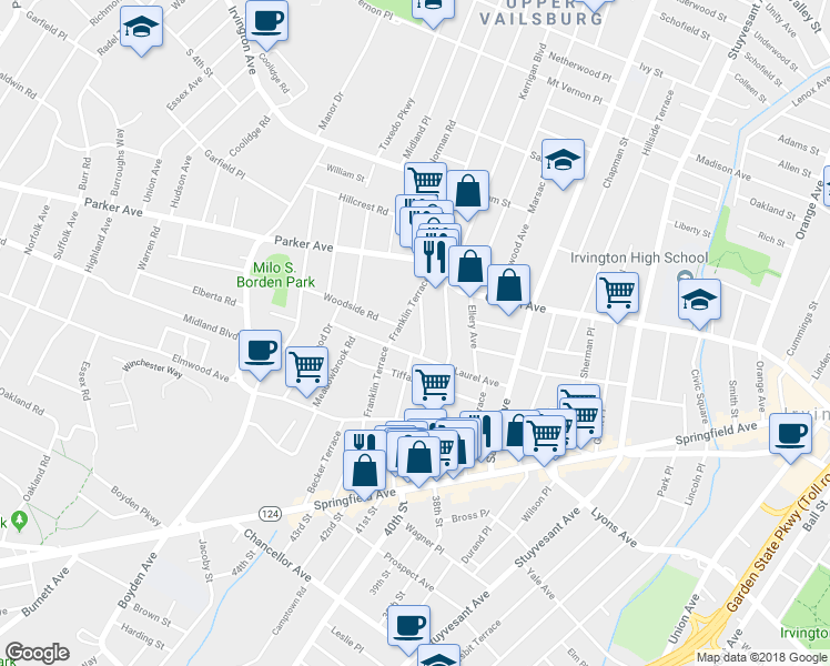 map of restaurants, bars, coffee shops, grocery stores, and more near 195 Laurel Avenue in Irvington