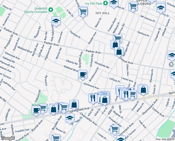 map of restaurants, bars, coffee shops, grocery stores, and more near 22 Orchard Road in Maplewood