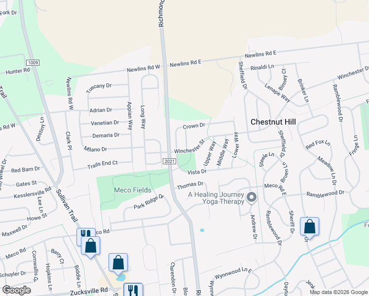 map of restaurants, bars, coffee shops, grocery stores, and more near 5 Vista Drive in Easton