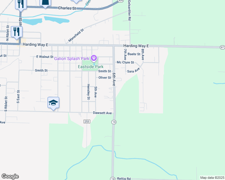 map of restaurants, bars, coffee shops, grocery stores, and more near 304 6th Avenue in Galion
