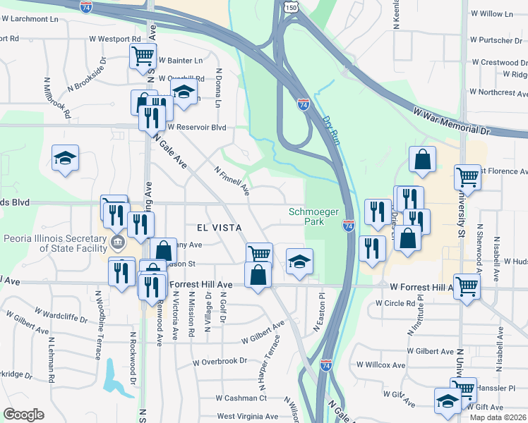 map of restaurants, bars, coffee shops, grocery stores, and more near 3306 North Finnell Avenue in Peoria