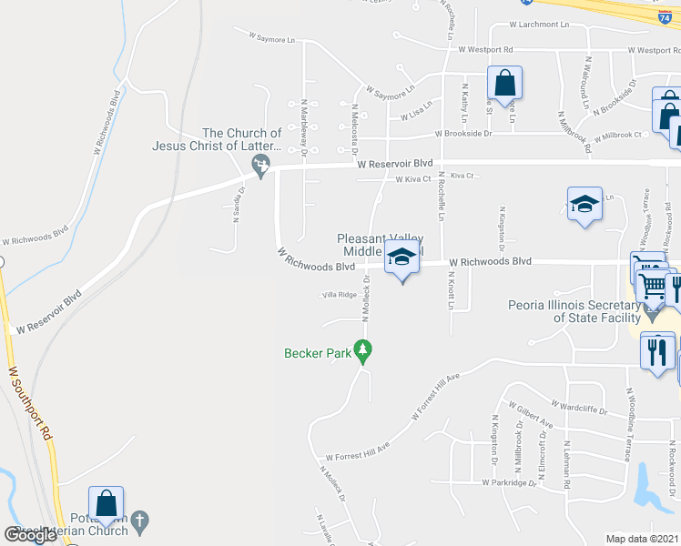 map of restaurants, bars, coffee shops, grocery stores, and more near 3425 Villa Ridge in Peoria