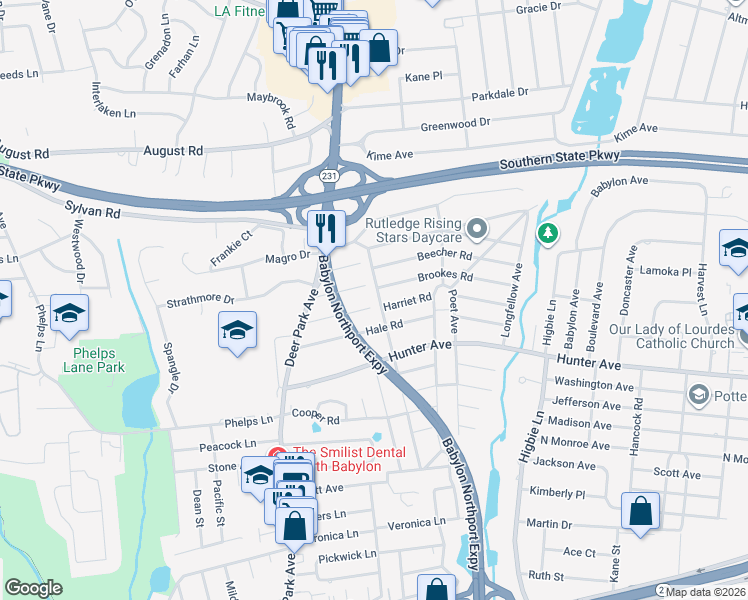 map of restaurants, bars, coffee shops, grocery stores, and more near 65 Hale Road in North Babylon