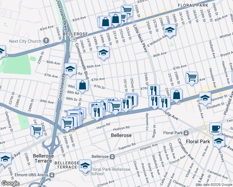 map of restaurants, bars, coffee shops, grocery stores, and more near 88-29 249th Street in Queens