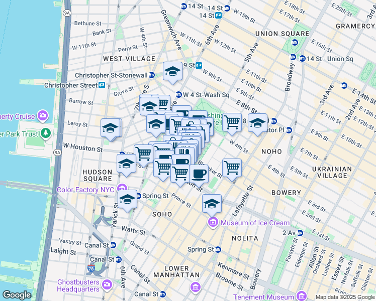 map of restaurants, bars, coffee shops, grocery stores, and more near 157 Bleecker Street in New York
