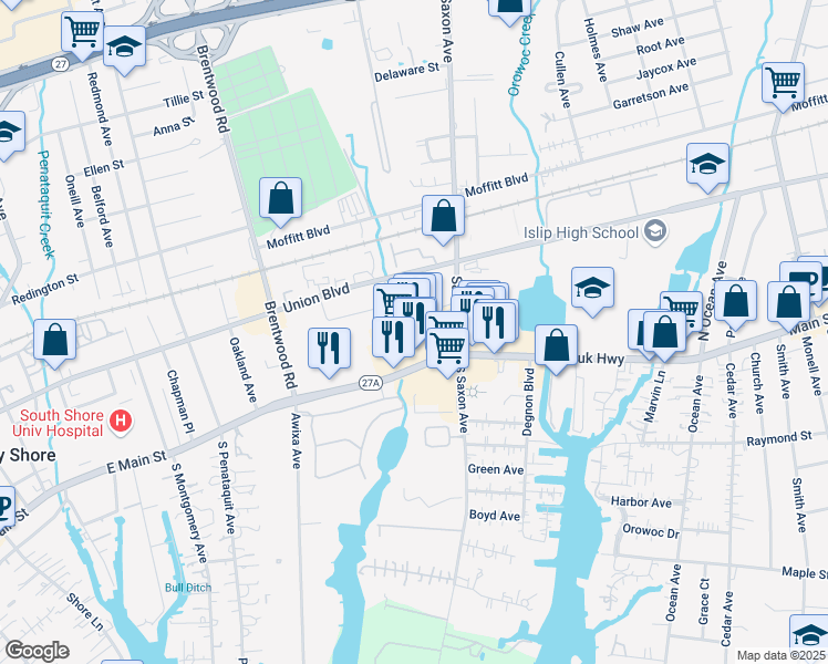 map of restaurants, bars, coffee shops, grocery stores, and more near 529 East Main Street in Bay Shore