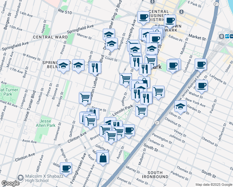 map of restaurants, bars, coffee shops, grocery stores, and more near 490 Washington Street in Newark