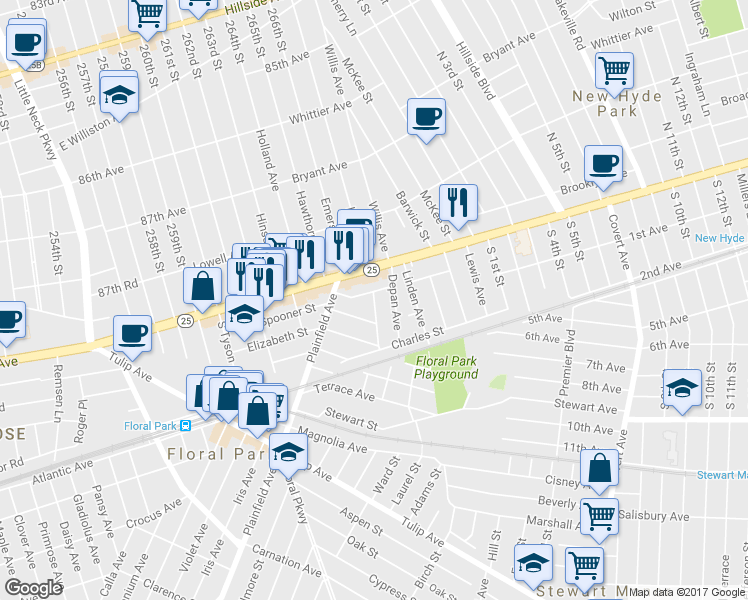 map of restaurants, bars, coffee shops, grocery stores, and more near 10 Granger Avenue in Floral Park