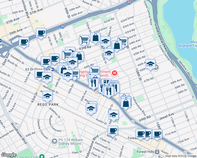 map of restaurants, bars, coffee shops, grocery stores, and more near 6611 99th Street in Queens