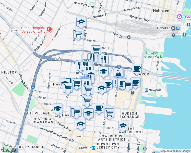 map of restaurants, bars, coffee shops, grocery stores, and more near 158 Erie Street in Jersey City