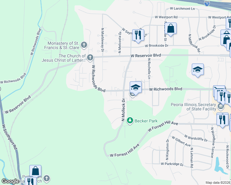 map of restaurants, bars, coffee shops, grocery stores, and more near 3425 Villa Ridge in Peoria