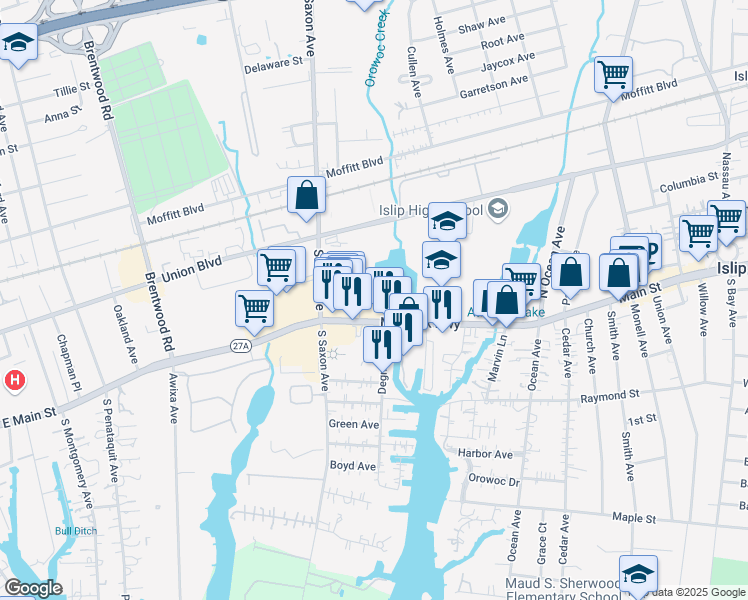 map of restaurants, bars, coffee shops, grocery stores, and more near 3-15 Willowbrook Avenue in Bay Shore