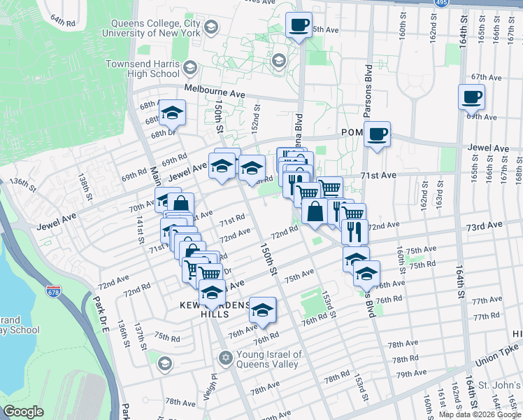 map of restaurants, bars, coffee shops, grocery stores, and more near 150-29 72nd Road in Queens
