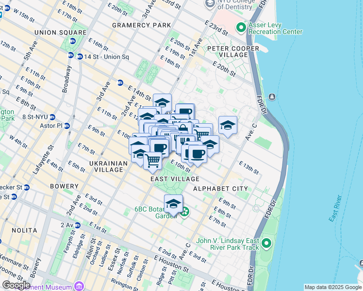 map of restaurants, bars, coffee shops, grocery stores, and more near 504 East 12th Street in New York