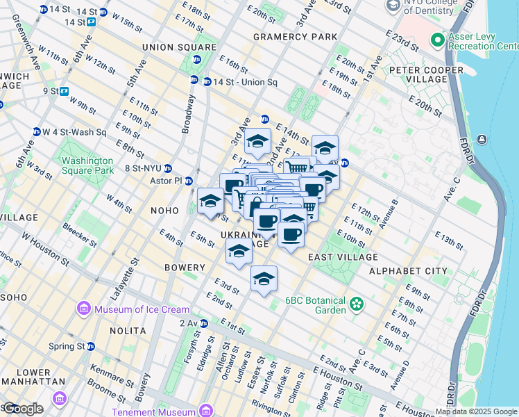 map of restaurants, bars, coffee shops, grocery stores, and more near 312 East 9th Street in New York
