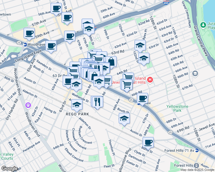 map of restaurants, bars, coffee shops, grocery stores, and more near Queens Blvd & 65th Rd in Rego Park