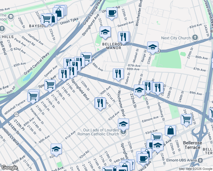 map of restaurants, bars, coffee shops, grocery stores, and more near 90-16 Borkel Place in Queens