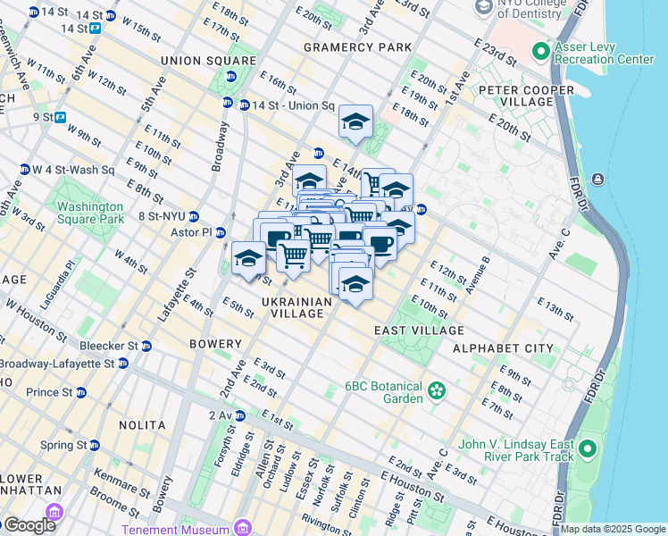 map of restaurants, bars, coffee shops, grocery stores, and more near 213 East 10th Street in New York