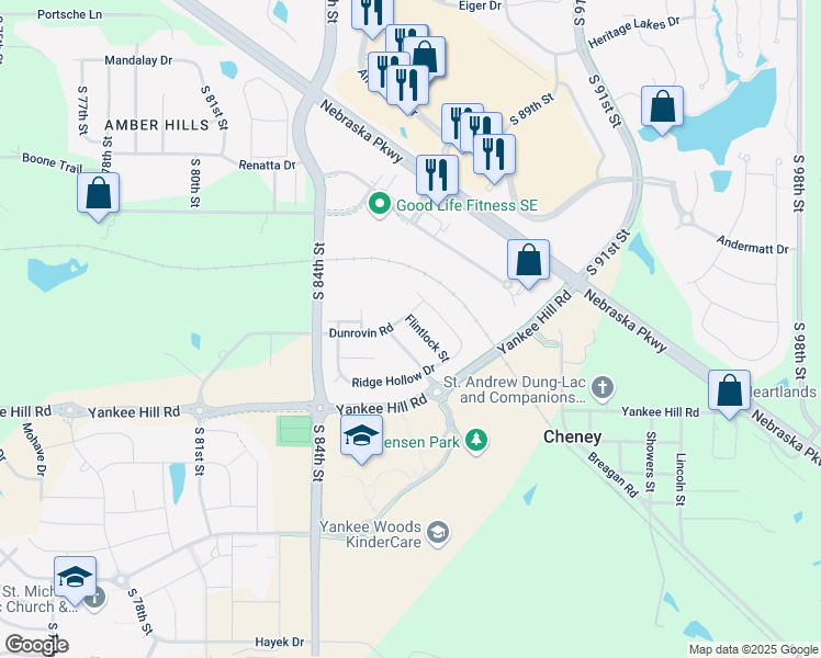 map of restaurants, bars, coffee shops, grocery stores, and more near 8660 Dunrovin Road in Lincoln