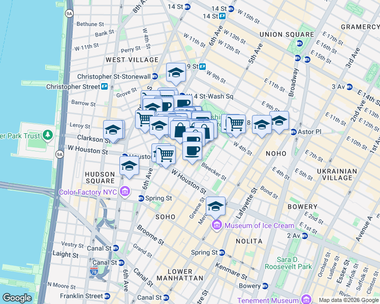 map of restaurants, bars, coffee shops, grocery stores, and more near 165 Bleecker Street in New York