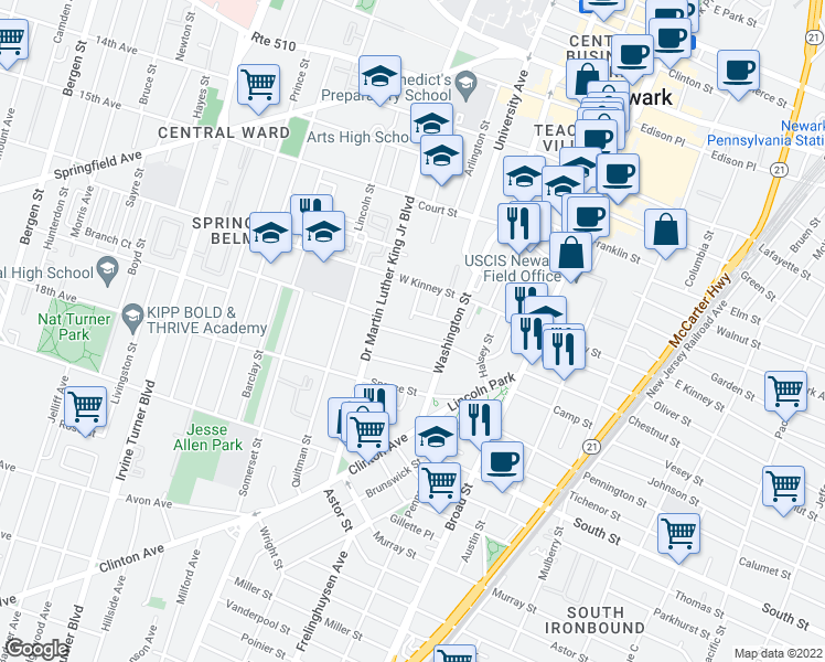 map of restaurants, bars, coffee shops, grocery stores, and more near 58 Crawford Street in Newark