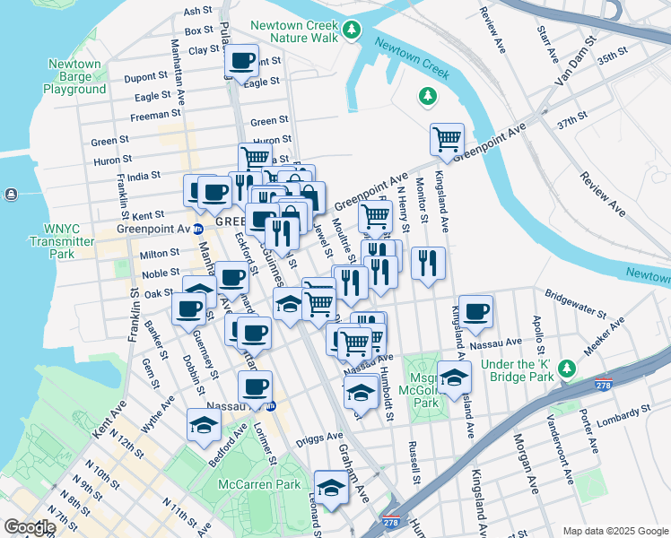 map of restaurants, bars, coffee shops, grocery stores, and more near Meserole Ave & Jewel St in Brooklyn